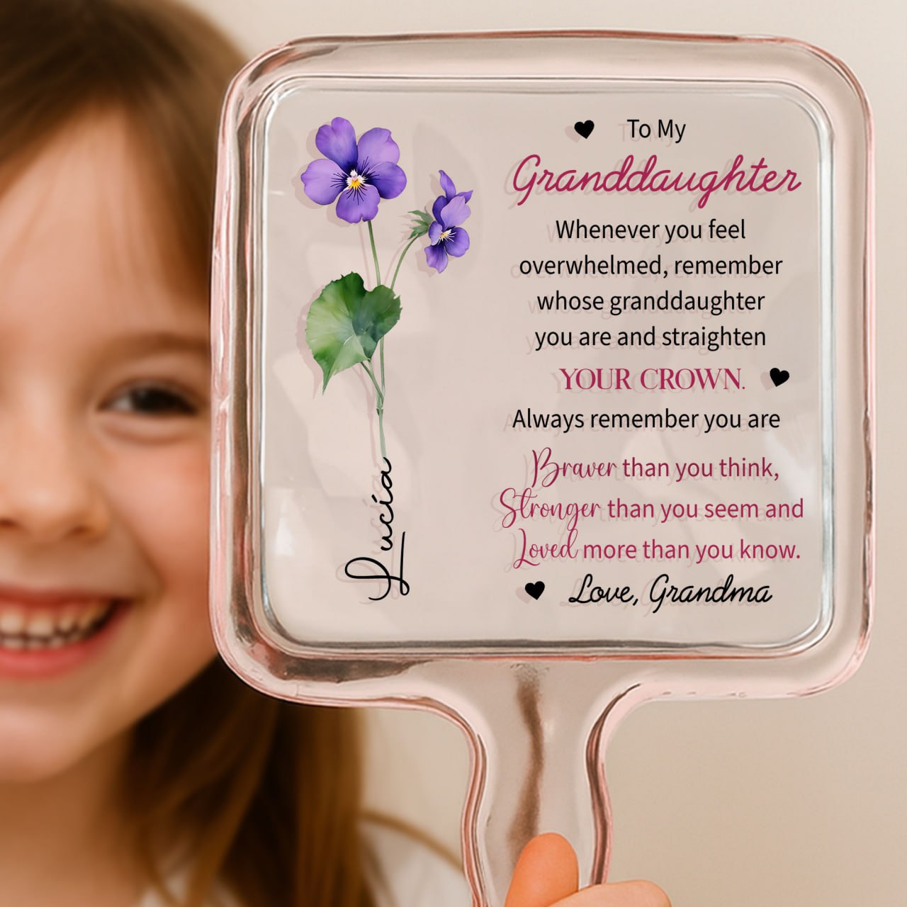 To My Granddaughter, Remember You Are Braver, Flowers - Personalized Handheld Mirror - FM032_HMIR