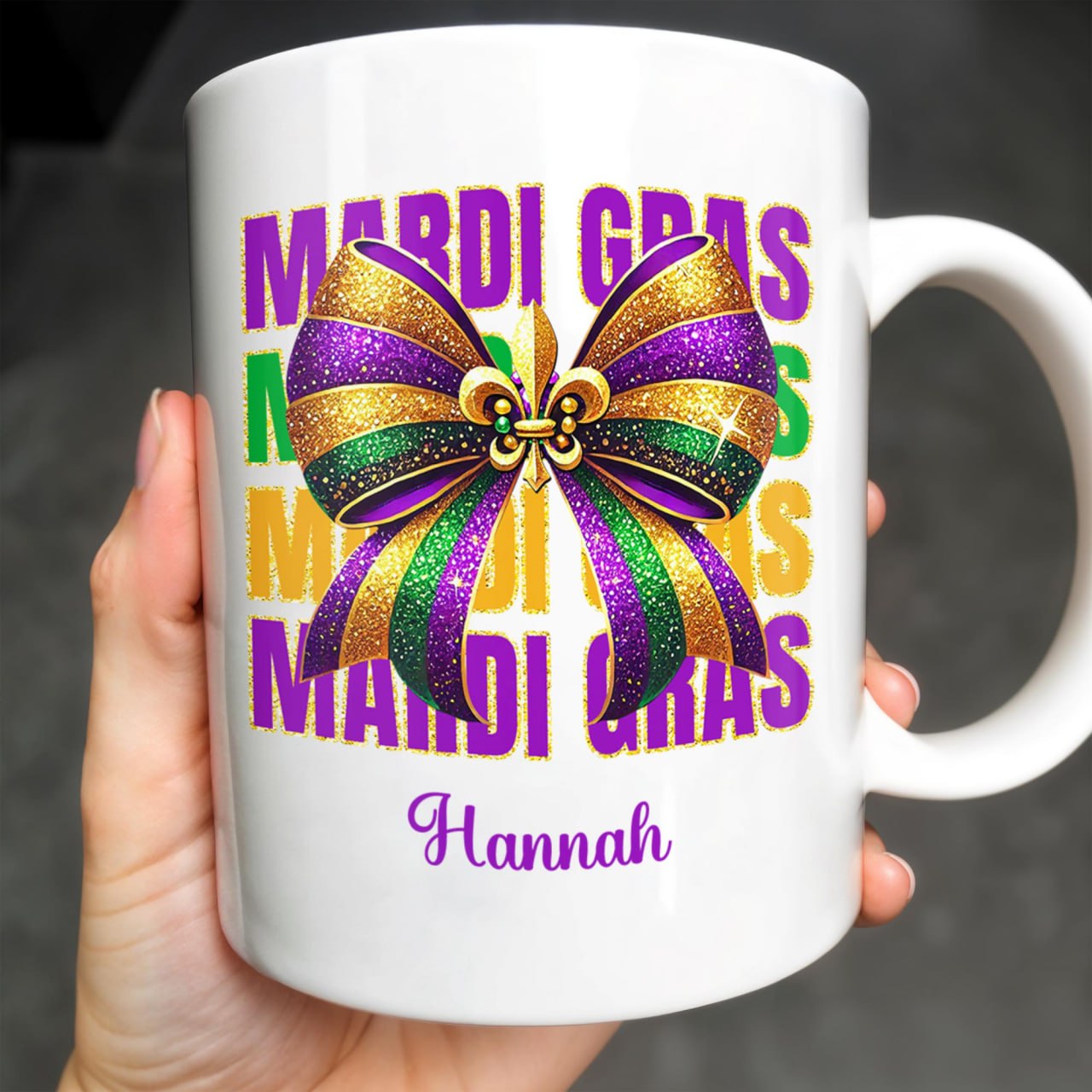 Celebrate Mardi Gras With Festive Bow Design - Personalized Custom Coffee Mug - FAM266_MG