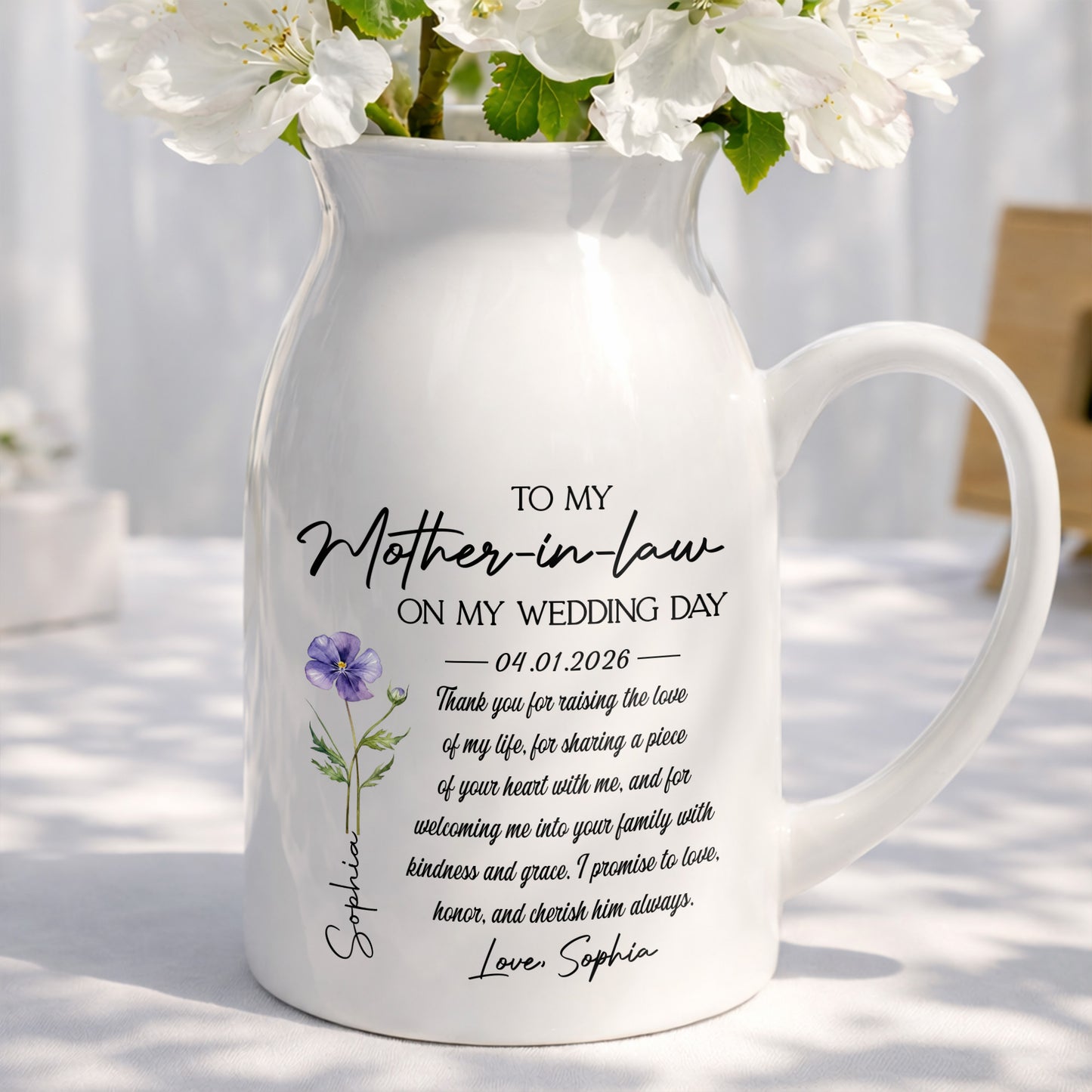 To My Mother In Law On My Wedding Day Custom Birth Month Flowers - Personalized Ceramic Flower Vase - MOLA010_CEV