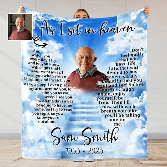 As I Sit In Heaven Clouds And Portrait Heartfelt Blanket - Personalized Custom Blanket - HME152_BLK