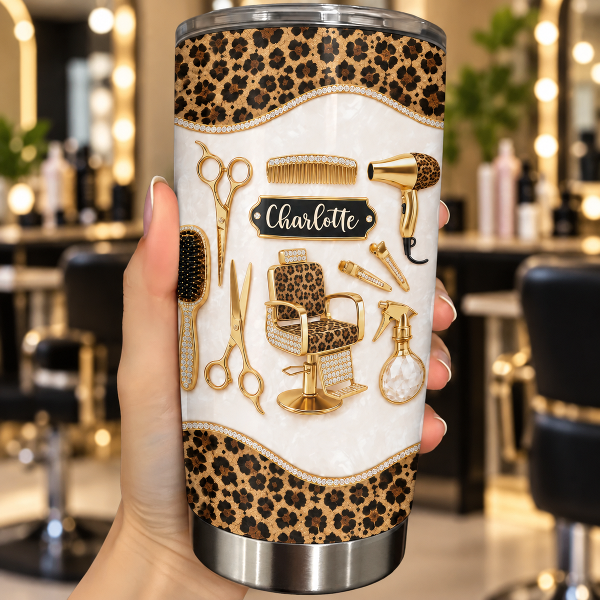 Personalized Hairdresser Tools With Leopard Print And Mother Of Pearl Mosaic - Personalized Custom Stainless Steel Tumbler 20oz - HAIR152_USTUM