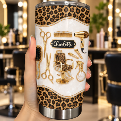 Personalized Hairdresser Tools With Leopard Print And Mother Of Pearl Mosaic - Personalized Custom Stainless Steel Tumbler 20oz - HAIR152_USTUM
