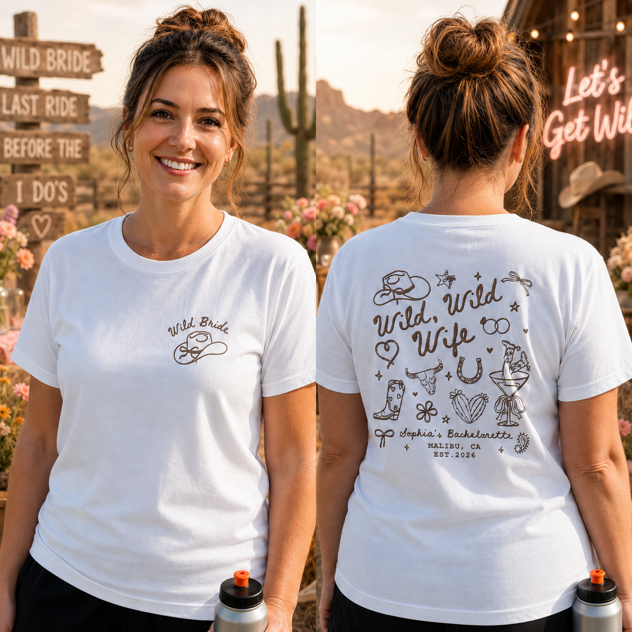 Wild Bride Wild Wild Wife Bachelorette Cowboy Hat And Boots - Personalized Custom T-Shirt Font and Back - WIF092_WFBAS