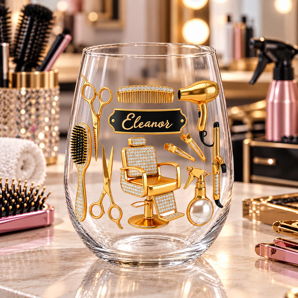 Hair Stylist Golden Salon Tools With Scissors And Comb - Personalized Stemless Wine Glass - HAIR027_WIGL