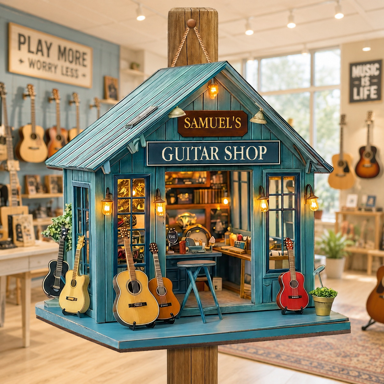 Guitar Shop With Acoustic Guitars Musician Studio Design - Personalized Custom Shaped Wood Sign - MUSIC168_WSIGN