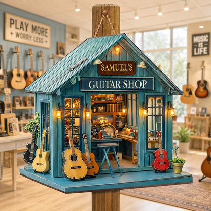 Guitar Shop With Acoustic Guitars Musician Studio Design - Personalized Custom Shaped Wood Sign - MUSIC168_WSIGN