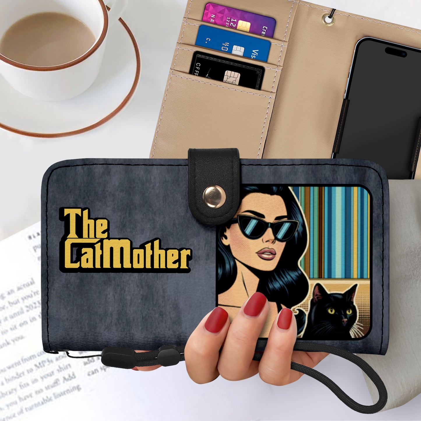 Portefeuille en cuir personnalisé pour téléphone avec motif animalier et texte - QCUSTOM09PW
