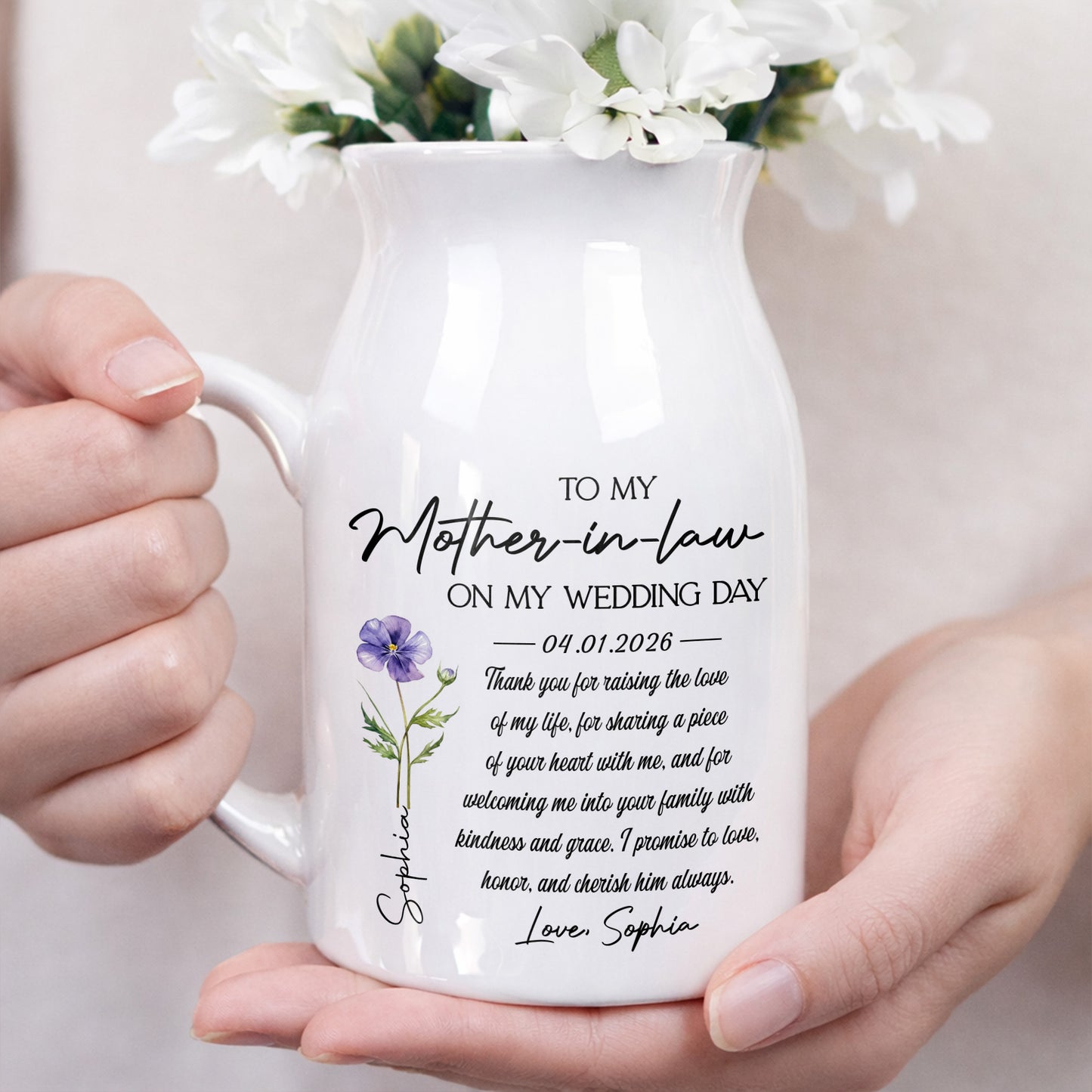 To My Mother In Law On My Wedding Day Custom Birth Month Flowers - Personalized Ceramic Flower Vase - MOLA010_CEV