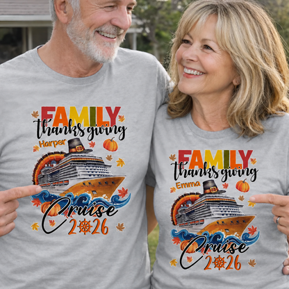 Family Thanksgiving Cruise With Ship And Autumn Leaves - Personalized Custom Unisex T-shirt, Hoodie - FAM1238_WBAS