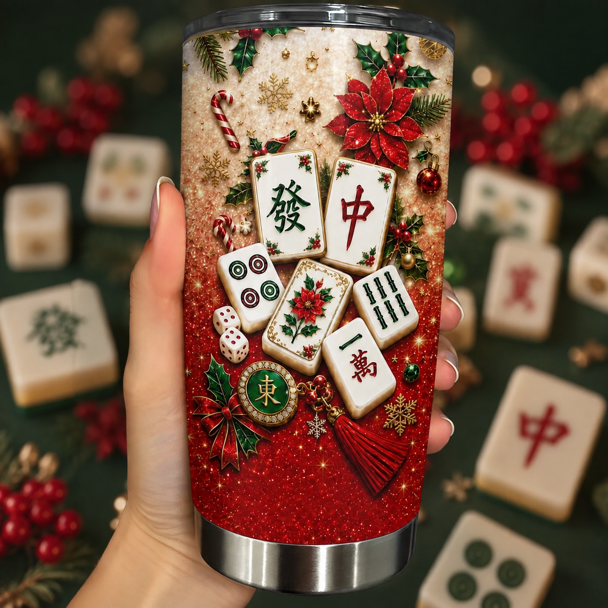 Mahjong And Christmas Cheer With Poinsettia Flowers And Tiles - Personalized Custom Stainless Steel Tumbler 20oz - HOB421_USTUM