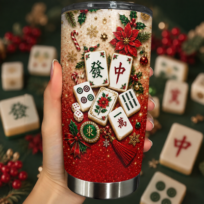 Mahjong And Christmas Cheer With Poinsettia Flowers And Tiles - Personalized Custom Stainless Steel Tumbler 20oz - HOB421_USTUM