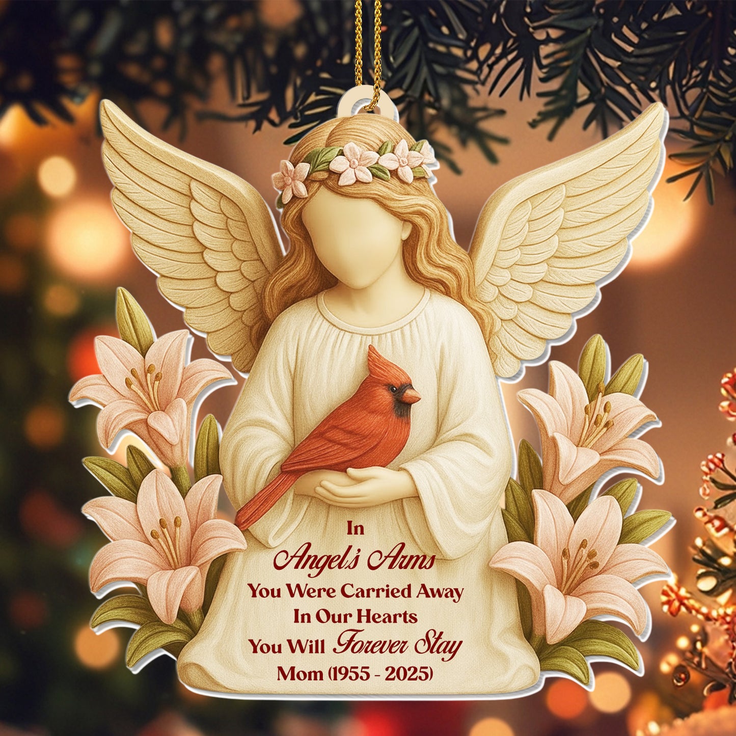 In Angel's Arms, You Were Carried Away, Angel And Cardinal - Personalized Custom Acrylic Ornament, Christmas Gift - HME403_ACO