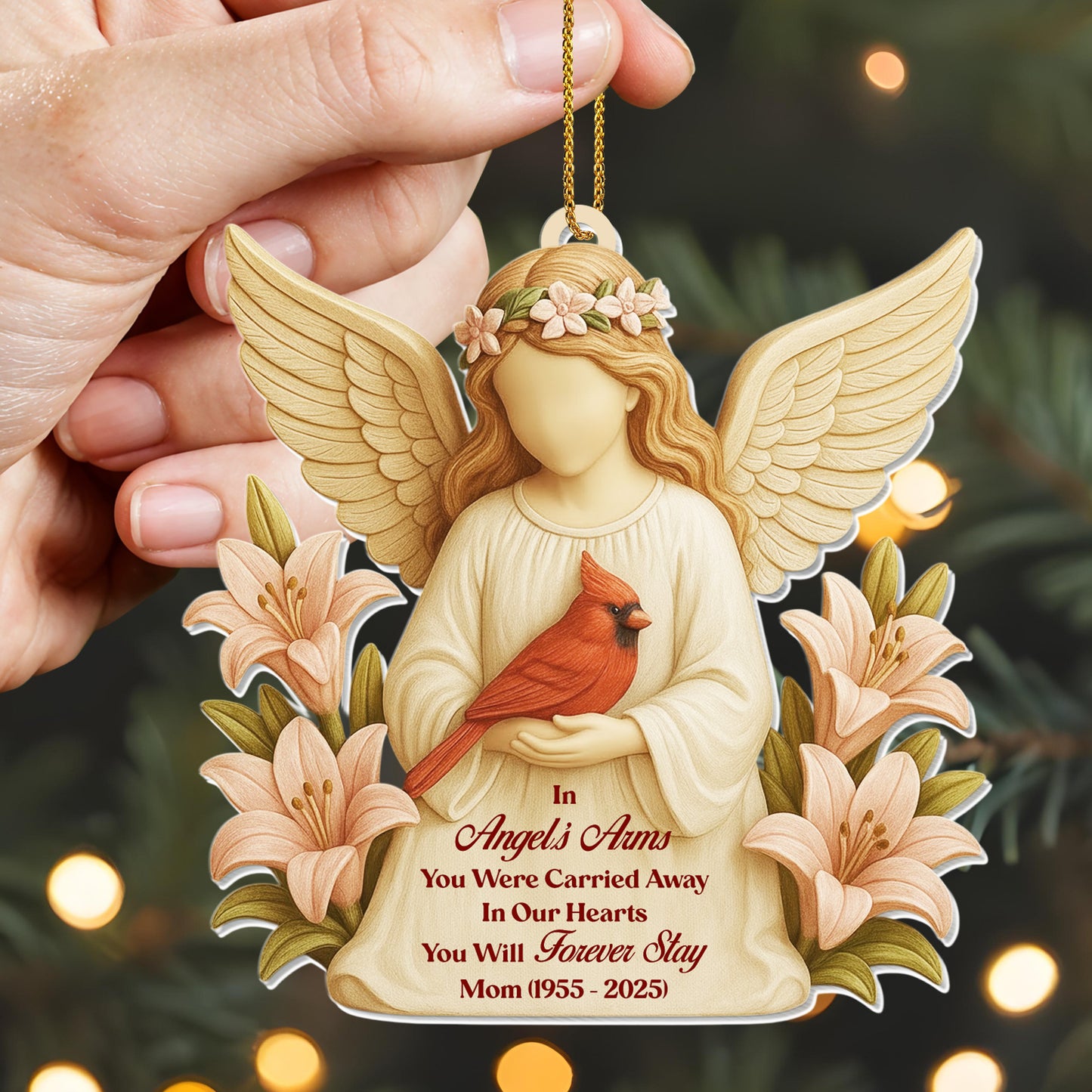 In Angel's Arms, You Were Carried Away, Angel And Cardinal - Personalized Custom Acrylic Ornament, Christmas Gift - HME403_ACO