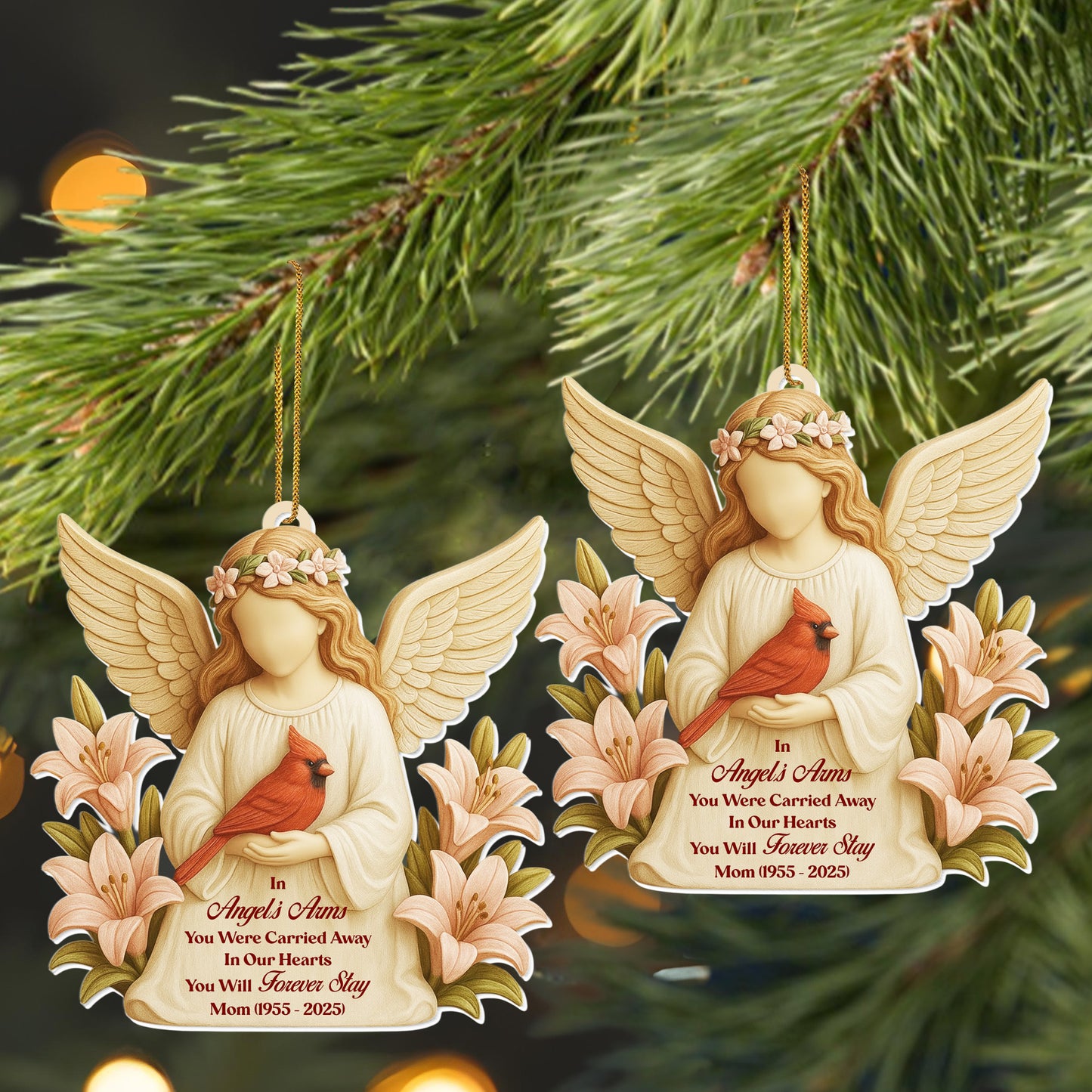 In Angel's Arms, You Were Carried Away, Angel And Cardinal - Personalized Custom Acrylic Ornament, Christmas Gift - HME403_ACO