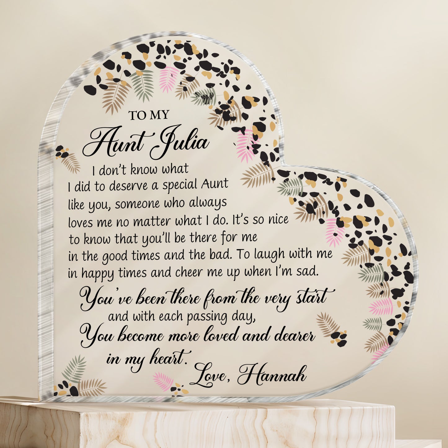 To My Aunt, Special Bond Decor With Leaves And Flowers - Personalized Heart Shaped Acrylic Plaque - AUNT003_HAP