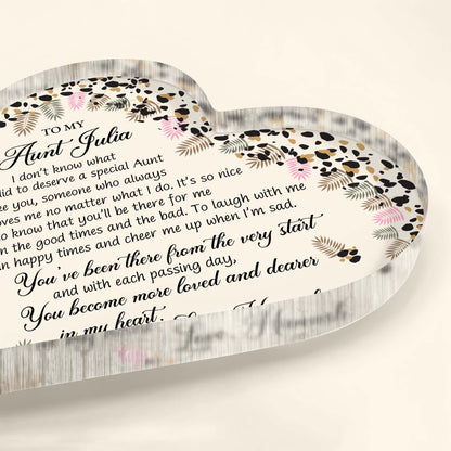 To My Aunt, Special Bond Decor With Leaves And Flowers - Personalized Heart Shaped Acrylic Plaque - AUNT003_HAP