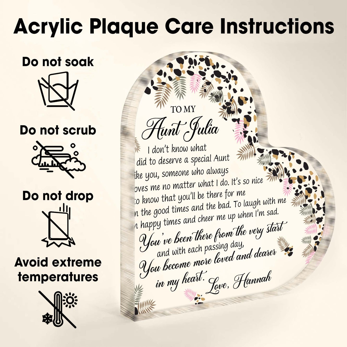 To My Aunt, Special Bond Decor With Leaves And Flowers - Personalized Heart Shaped Acrylic Plaque - AUNT003_HAP