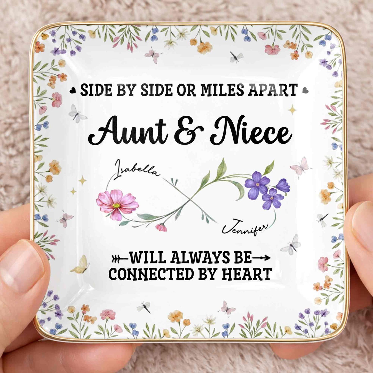 Side By Side Or Miles Apart, Aunt & Niece Connected By Heart, Flowers and Butterflies - Personalized Custom Jewelry Dish, Ceramic Dish, Square Shape - AUNT004_SCRF