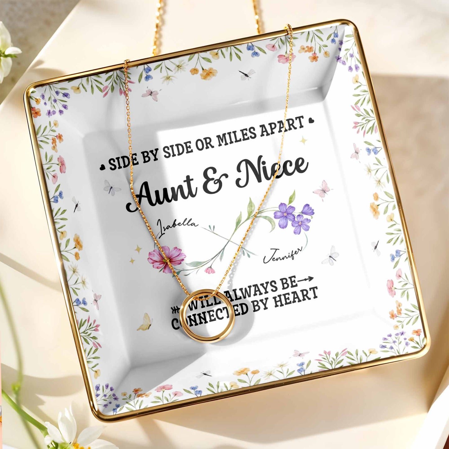 Side By Side Or Miles Apart, Aunt & Niece Connected By Heart, Flowers and Butterflies