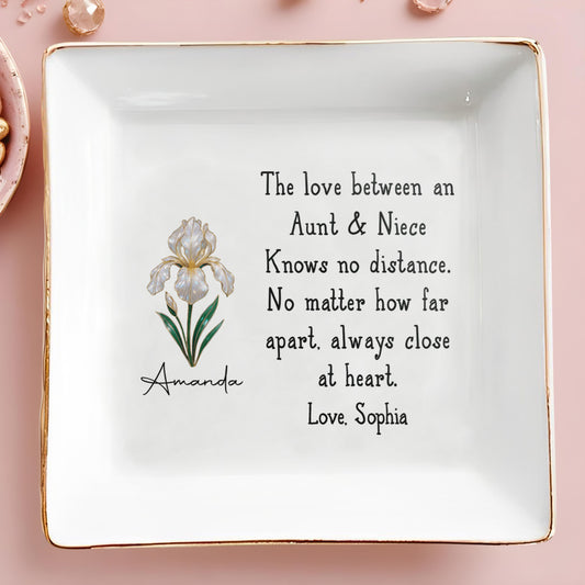 The Love Between Aunt & Niece, Close At Heart Flower Design - Personalized Custom Jewelry Dish, Square Ceramic Dish - AUNT005_SCRD