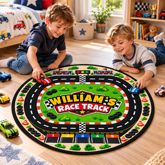 Race Track Custom Name With Racing Flags And Tires - Personalized Custom Shaped Doormat - KID975_CUDOR