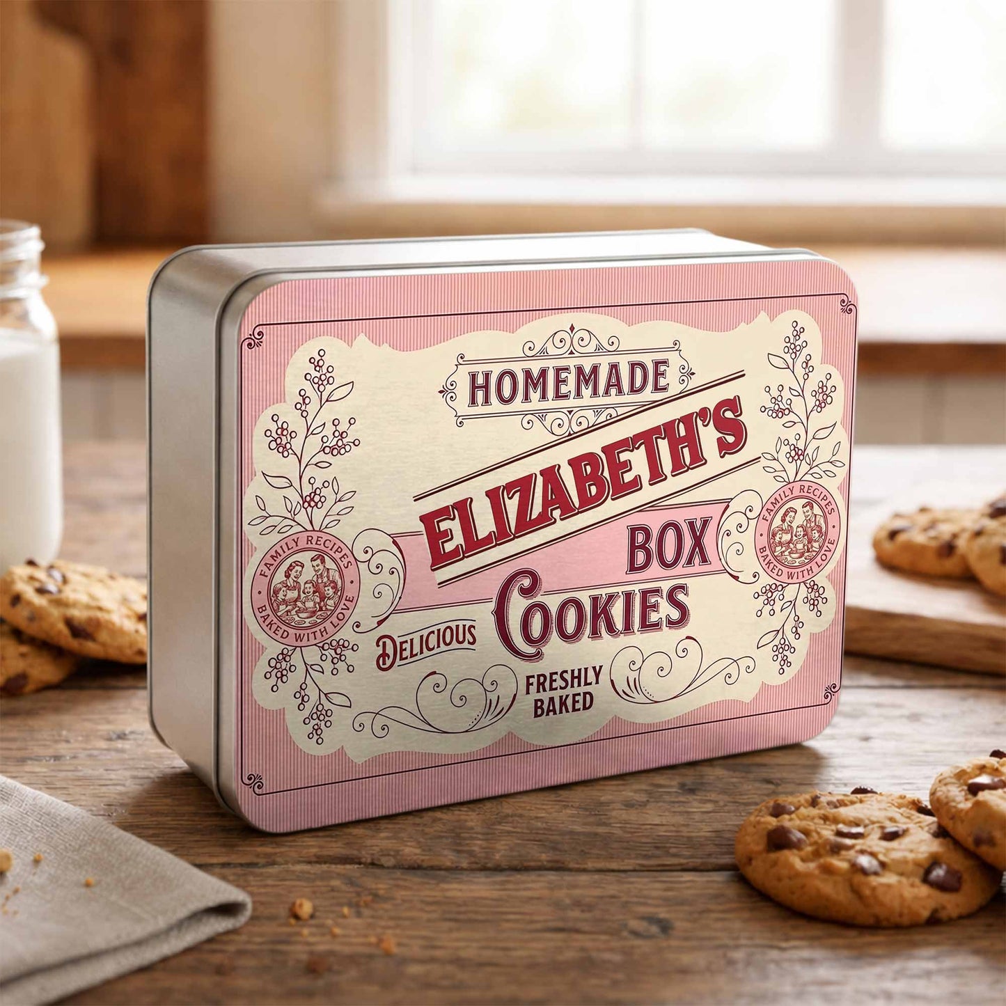Homemade Cookies Box Delicious Freshly Baked With Vintage Flower Design - Personalized Cookie Tin Box - BAKE003_CTBOX