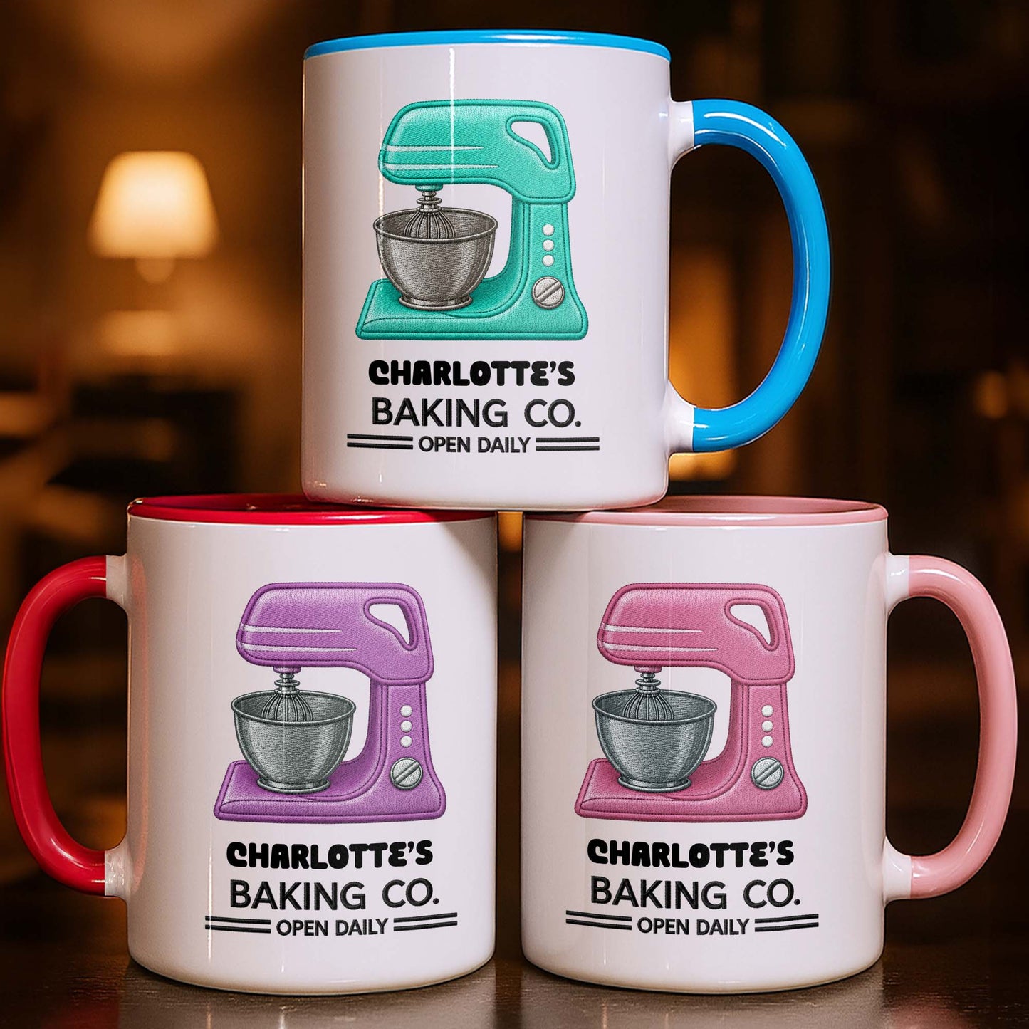 Baking Co. Open Daily With Custom Dough Mixer 3D Embroidery - Personalized Custom Accent Mug - BAKE043_AMUG