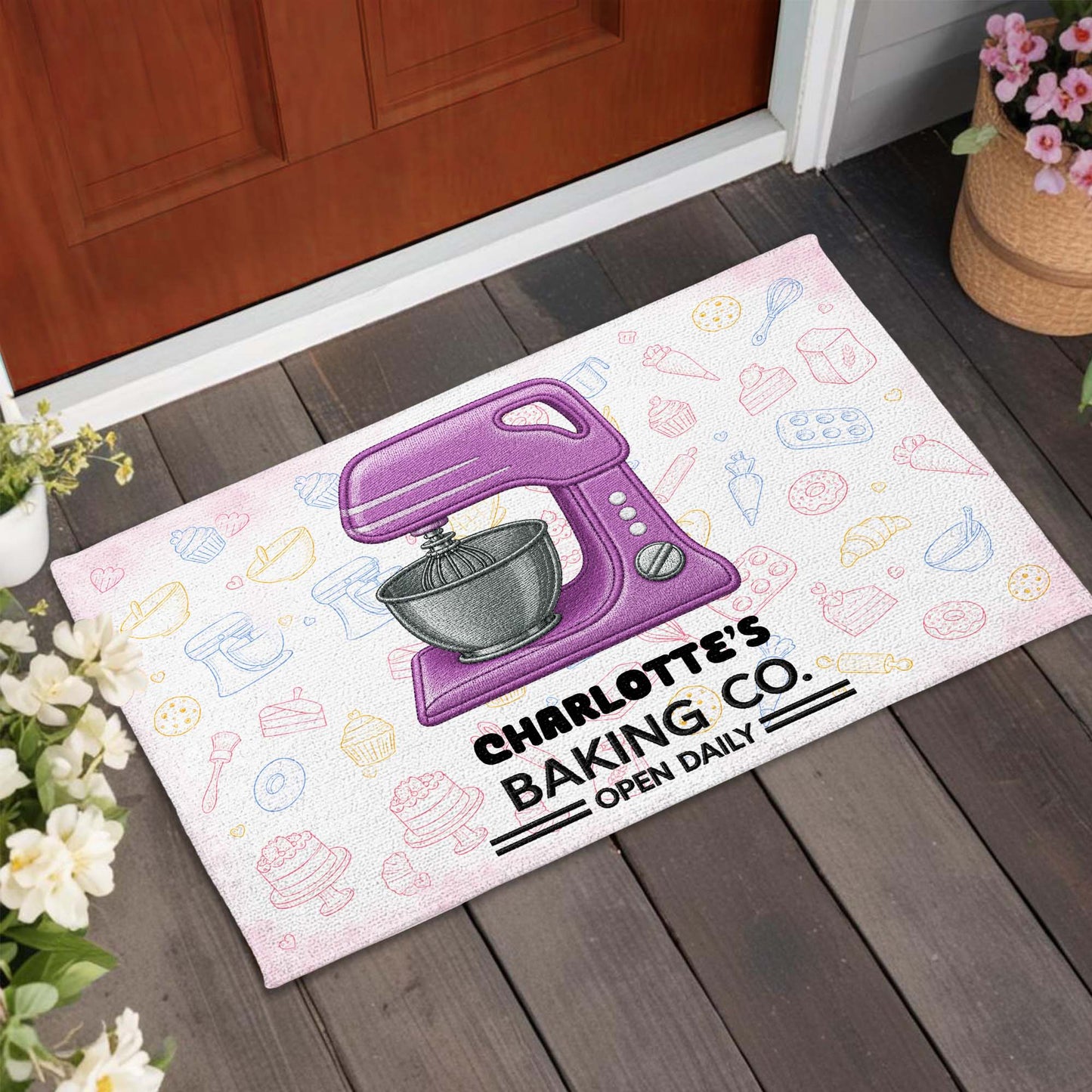 Baking Co. Open Daily With Custom Dough Mixer And Baking Tools - Personalized Custom Doormat - BAKE043_DRM