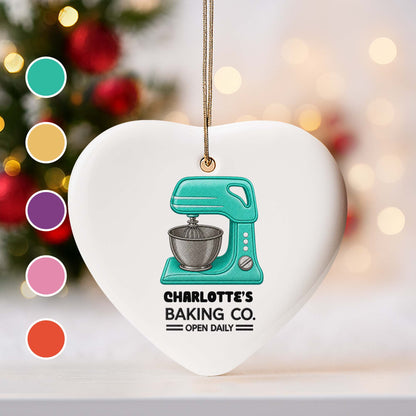 Baking Co. Open Daily Custom Dough Mixer Embroidery Style - Personalized Custom Ceramic Ornament With Heart Shape - BAKE043_HCE
