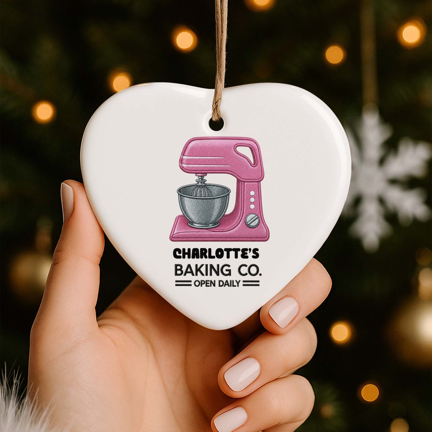 Baking Co. Open Daily Custom Dough Mixer Embroidery Style - Personalized Custom Ceramic Ornament With Heart Shape - BAKE043_HCE