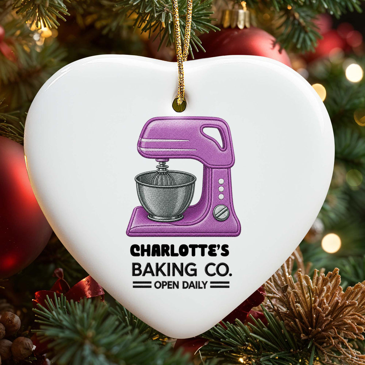 Baking Co. Open Daily Custom Dough Mixer Embroidery Style - Personalized Custom Ceramic Ornament With Heart Shape - BAKE043_HCE