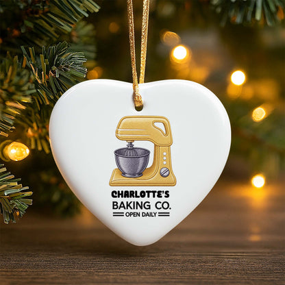 Baking Co. Open Daily Custom Dough Mixer Embroidery Style - Personalized Custom Ceramic Ornament With Heart Shape - BAKE043_HCE