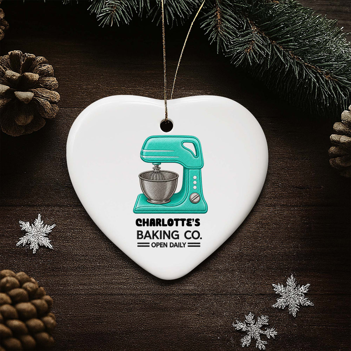 Baking Co. Open Daily Custom Dough Mixer Embroidery Style - Personalized Custom Ceramic Ornament With Heart Shape - BAKE043_HCE