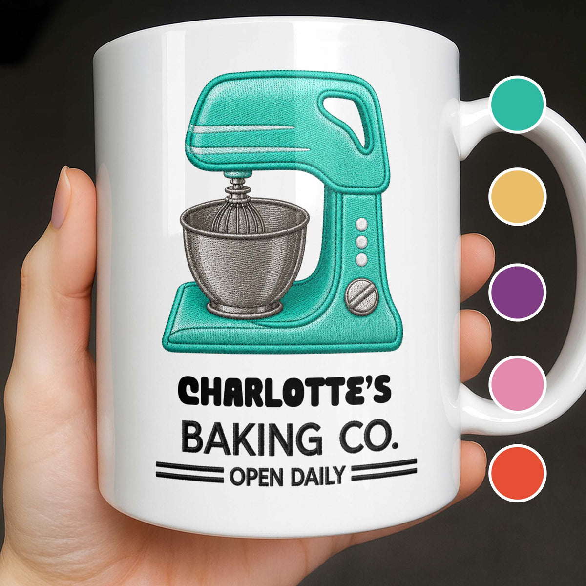 Baking Co. Open Daily With Custom Dough Mixer 3D Embroidery Style - Personalized Custom Coffee Mug - BAKE043_MG