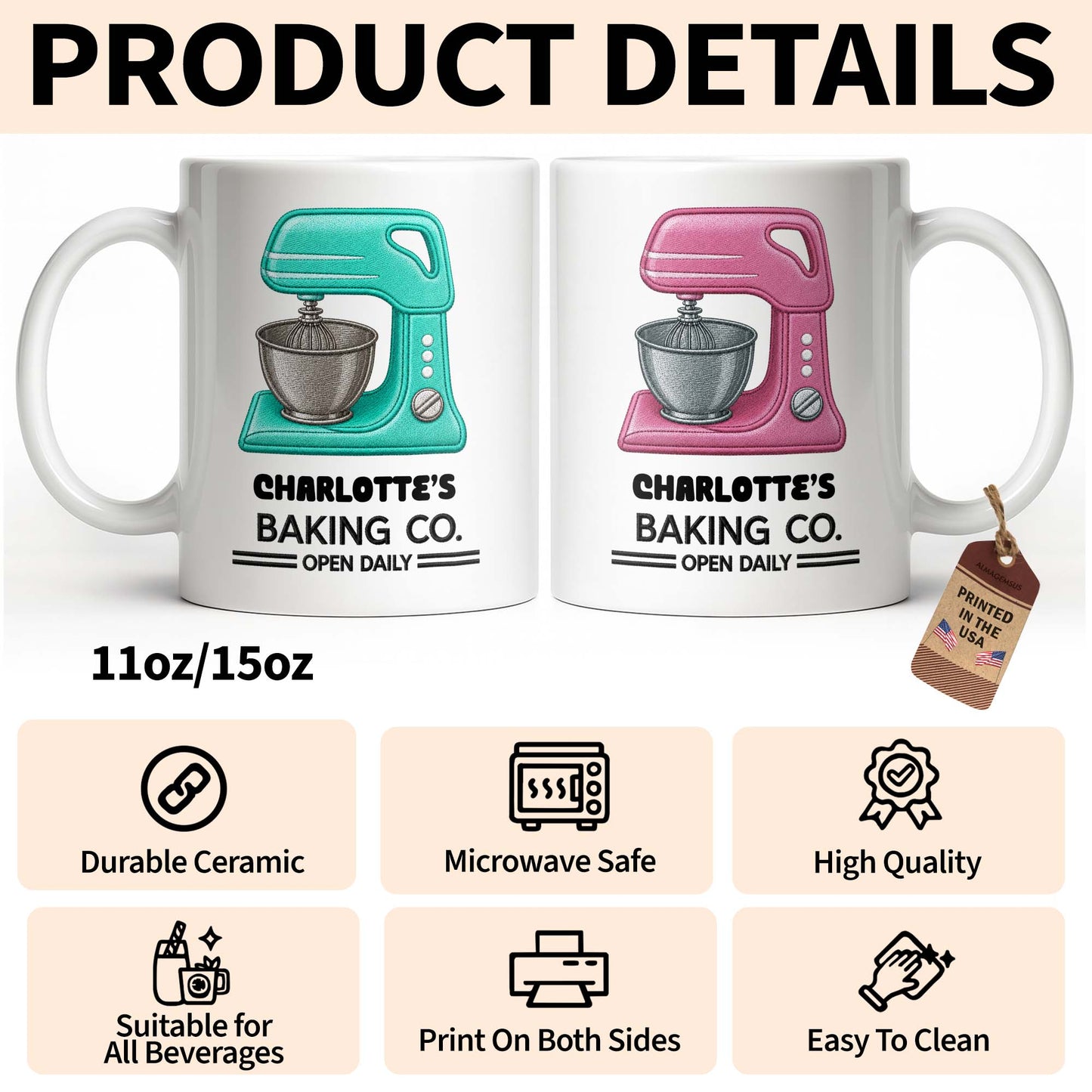 Baking Co. Open Daily With Custom Dough Mixer 3D Embroidery Style - Personalized Custom Coffee Mug - BAKE043_MG