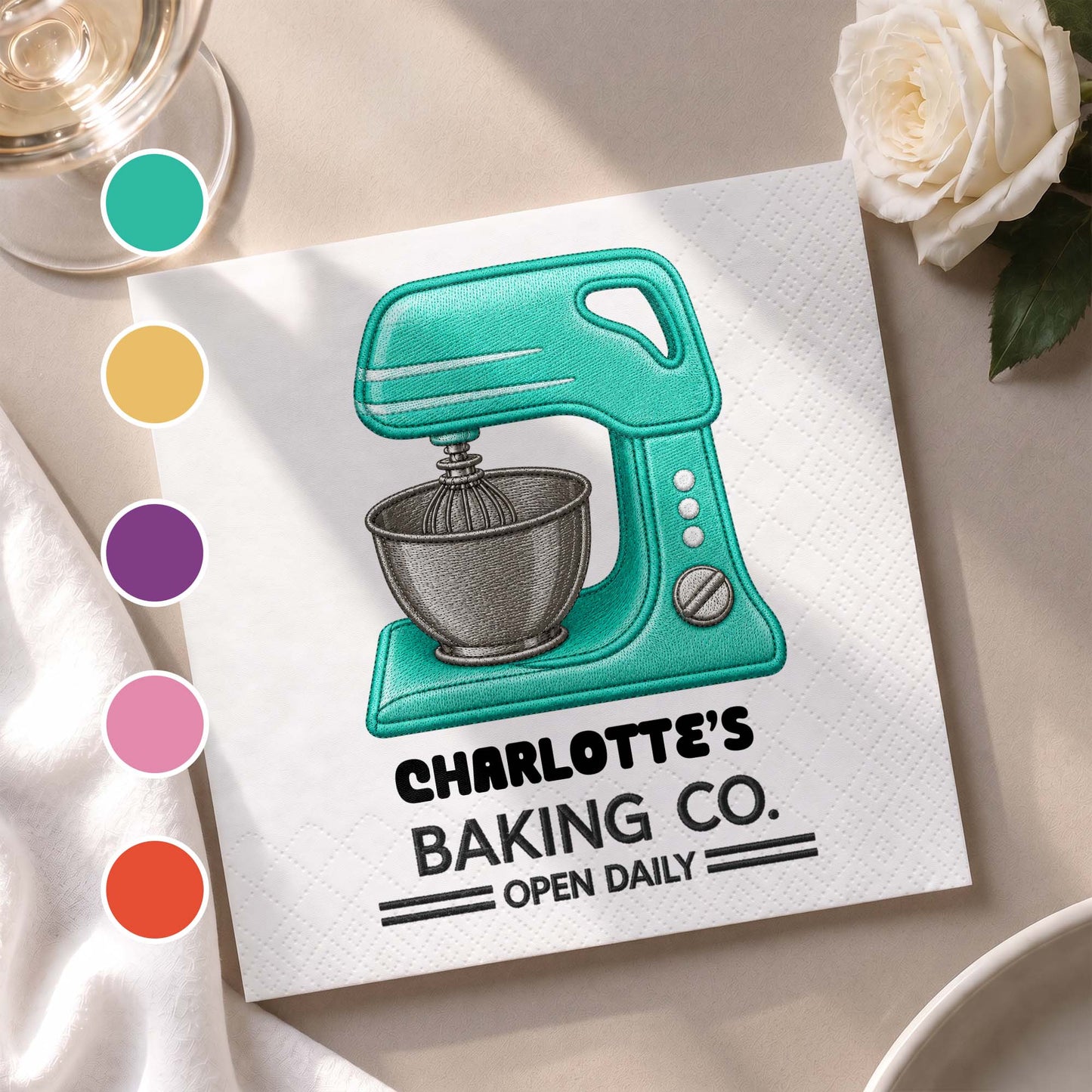 Baking Co Open Daily Custom Dough Mixer 3D Embroidery Style - Personalized Cocktail Napkins - BAKE043_PENAP