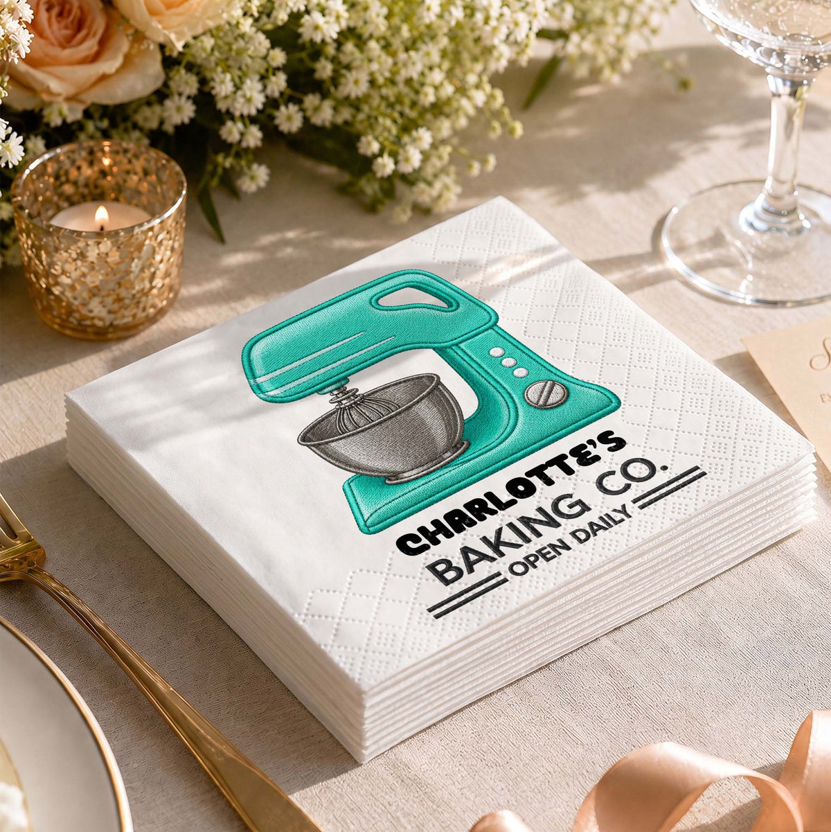 Baking Co Open Daily Custom Dough Mixer 3D Embroidery Style - Personalized Cocktail Napkins - BAKE043_PENAP