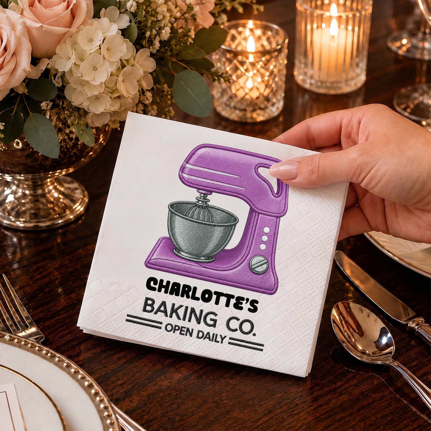 Baking Co Open Daily Custom Dough Mixer 3D Embroidery Style - Personalized Cocktail Napkins - BAKE043_PENAP