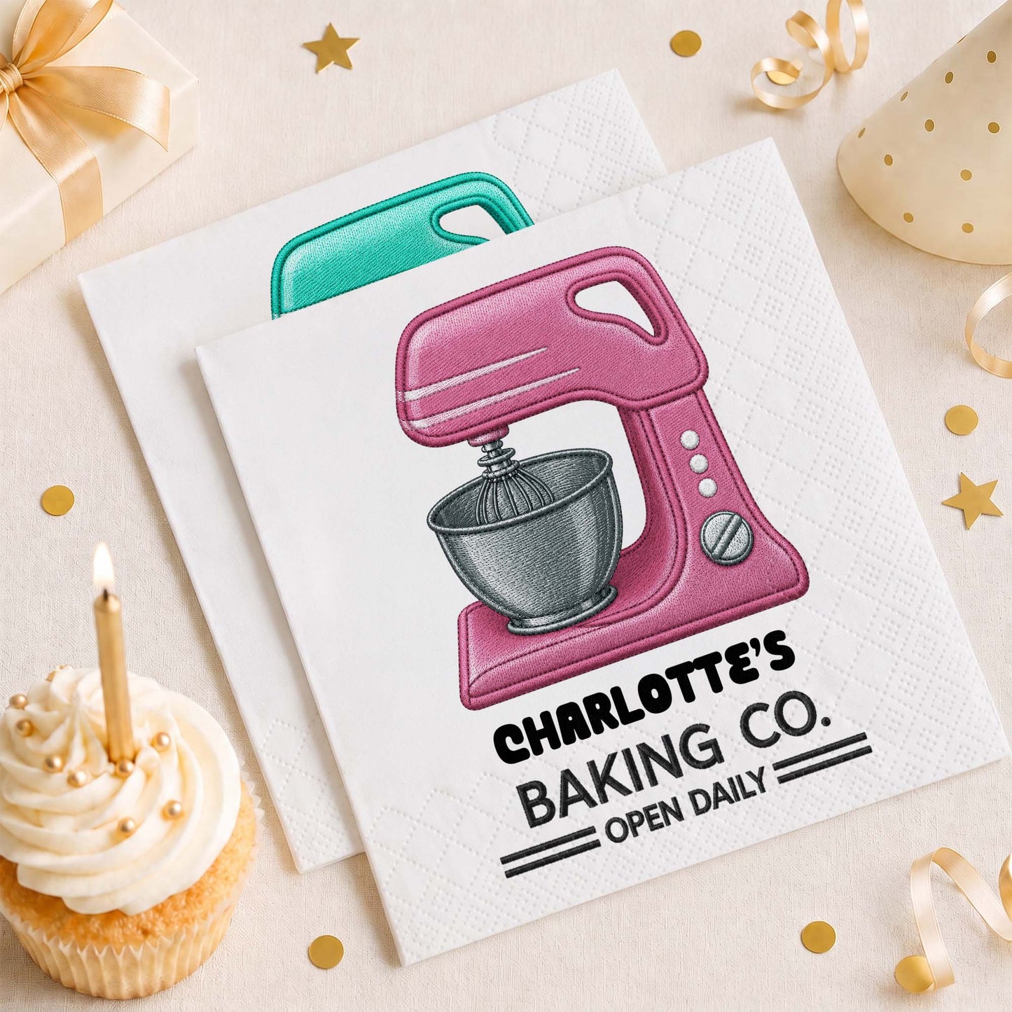 Baking Co Open Daily Custom Dough Mixer 3D Embroidery Style - Personalized Cocktail Napkins - BAKE043_PENAP