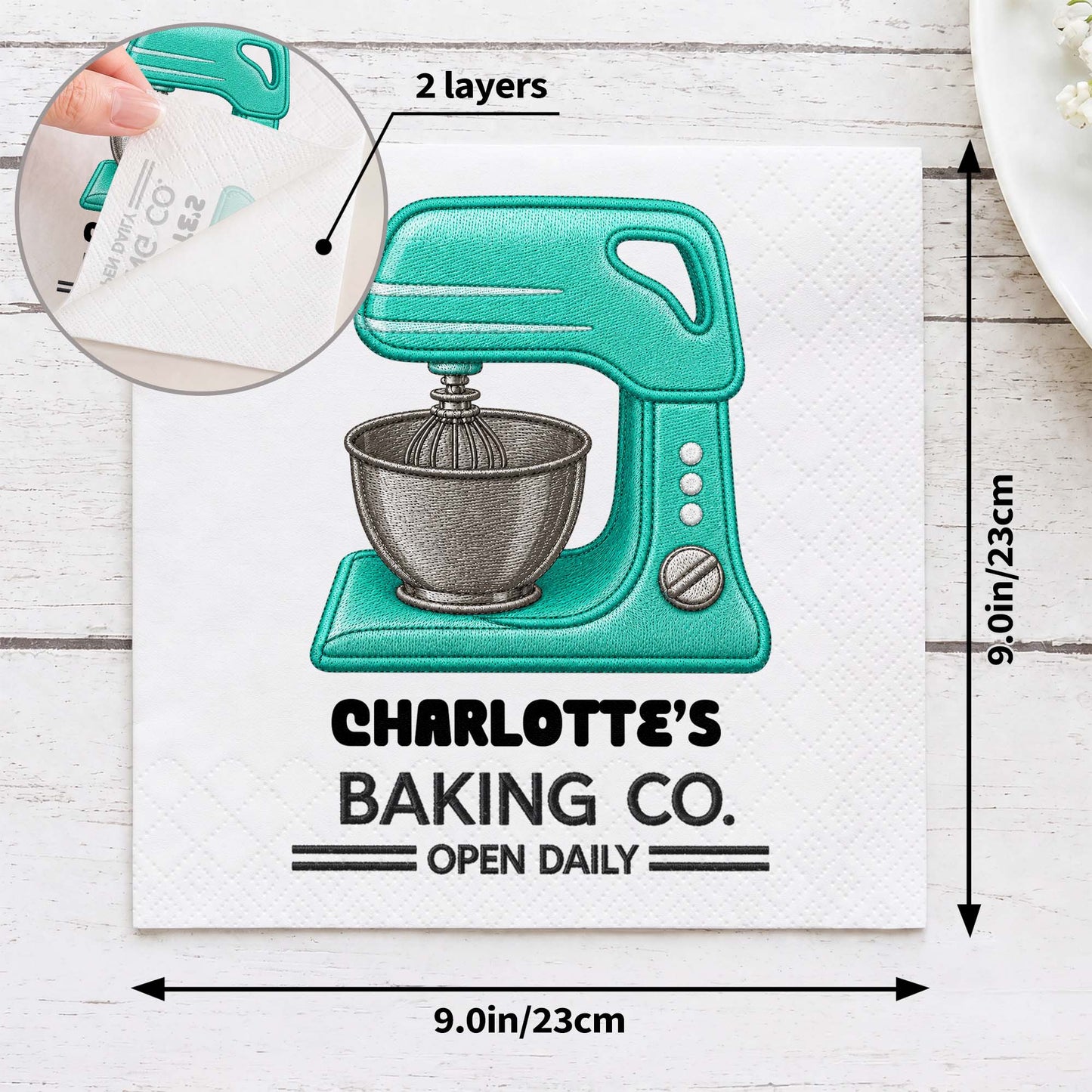 Baking Co Open Daily Custom Dough Mixer 3D Embroidery Style - Personalized Cocktail Napkins - BAKE043_PENAP