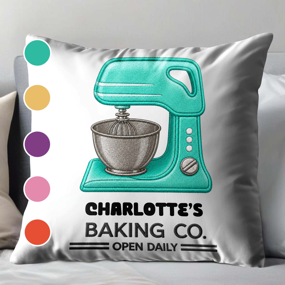 Baking Co. Open Daily Custom Name Dough Mixer 3D Embroidery - Personalized Custom Pillow, Insert Included - BAKE043_PLW
