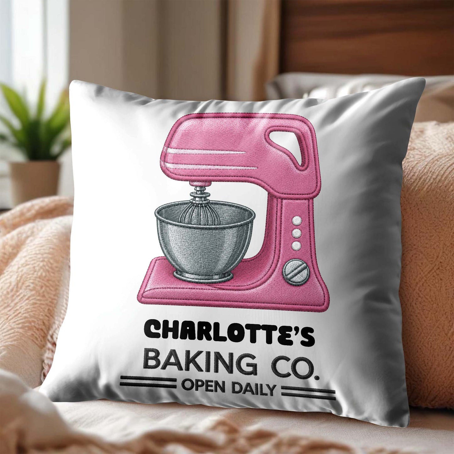 Baking Co. Open Daily Custom Name Dough Mixer 3D Embroidery - Personalized Custom Pillow, Insert Included - BAKE043_PLW