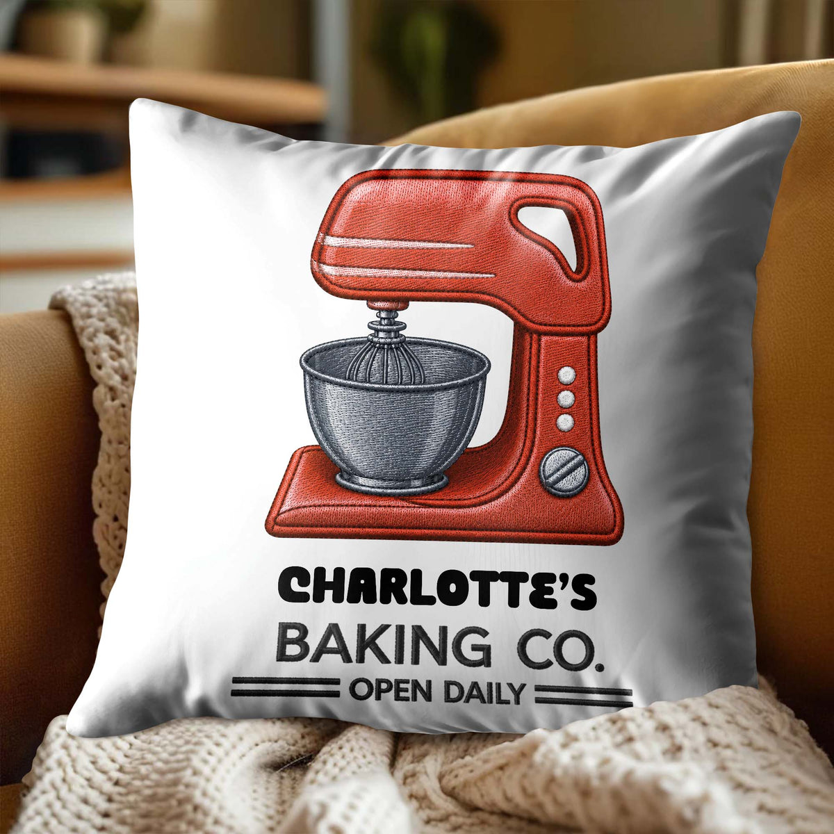 Baking Co. Open Daily Custom Name Dough Mixer 3D Embroidery - Personalized Custom Pillow, Insert Included - BAKE043_PLW