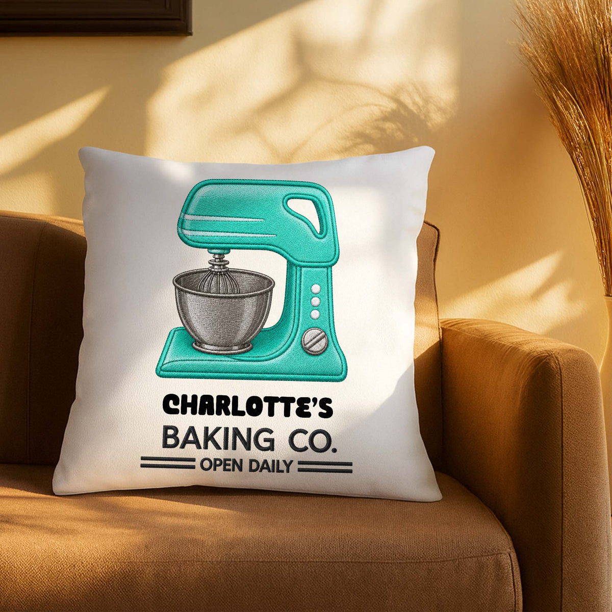 Baking Co. Open Daily Custom Name Dough Mixer 3D Embroidery - Personalized Custom Pillow, Insert Included - BAKE043_PLW