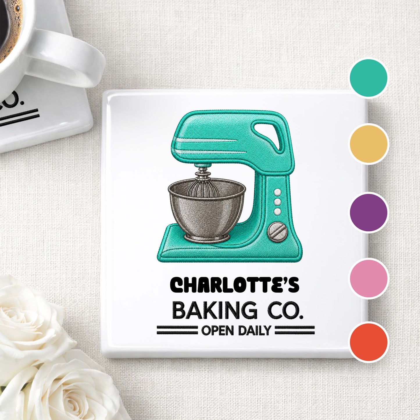 Baking Co Open Daily Custom Dough Mixer Embroidery - Personalized Custom Ceramic Coaster, Square Shape - BAKE043_SOCO