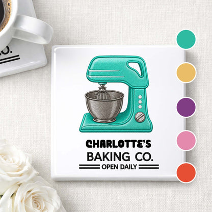 Baking Co Open Daily Custom Dough Mixer Embroidery - Personalized Custom Ceramic Coaster, Square Shape - BAKE043_SOCO