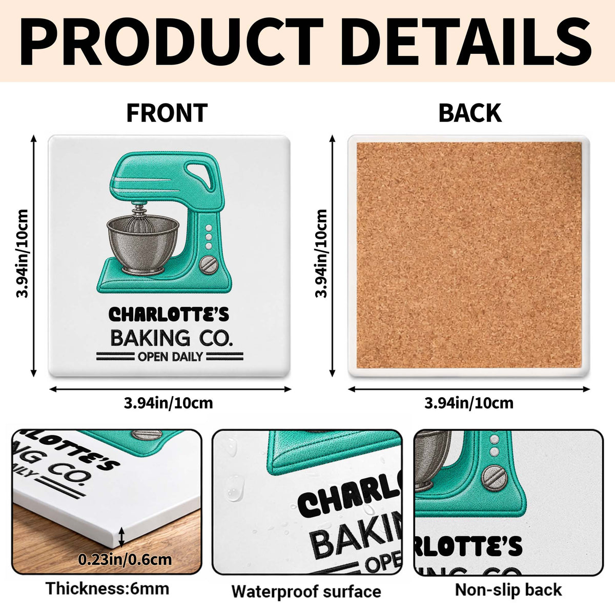 Baking Co Open Daily Custom Dough Mixer Embroidery - Personalized Custom Ceramic Coaster, Square Shape - BAKE043_SOCO