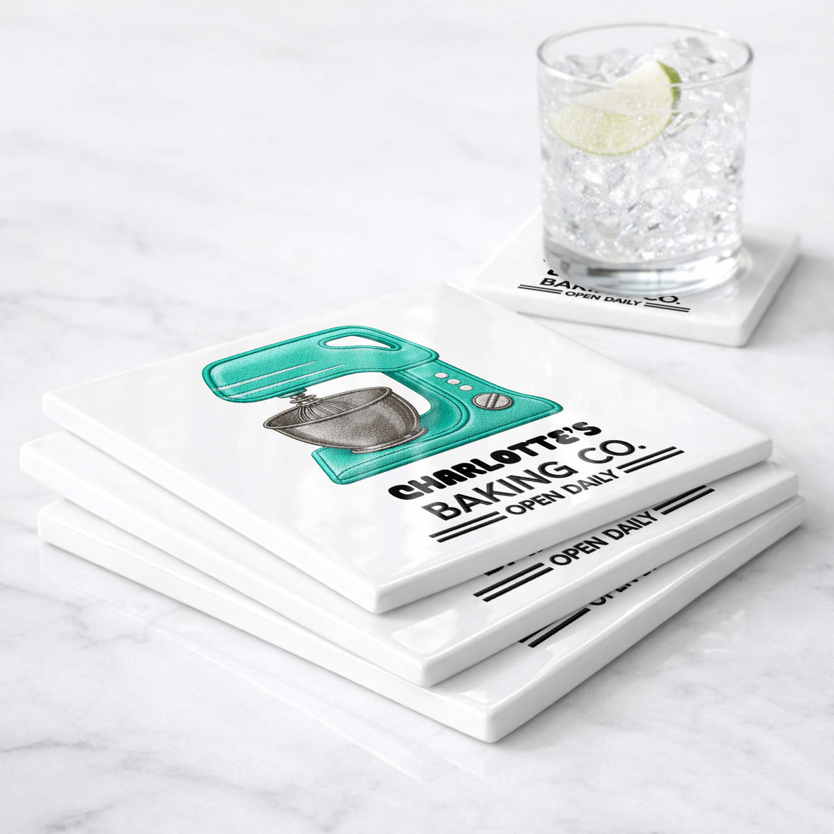 Baking Co Open Daily Custom Dough Mixer Embroidery - Personalized Custom Ceramic Coaster, Square Shape - BAKE043_SOCO