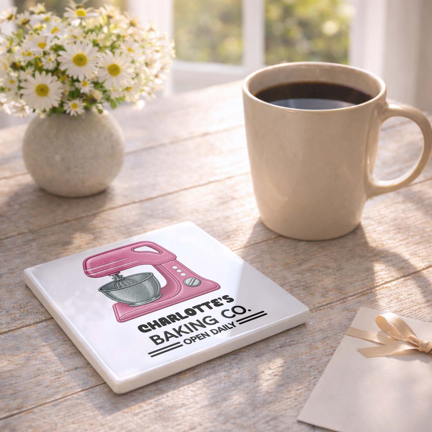 Baking Co Open Daily Custom Dough Mixer Embroidery - Personalized Custom Ceramic Coaster, Square Shape - BAKE043_SOCO
