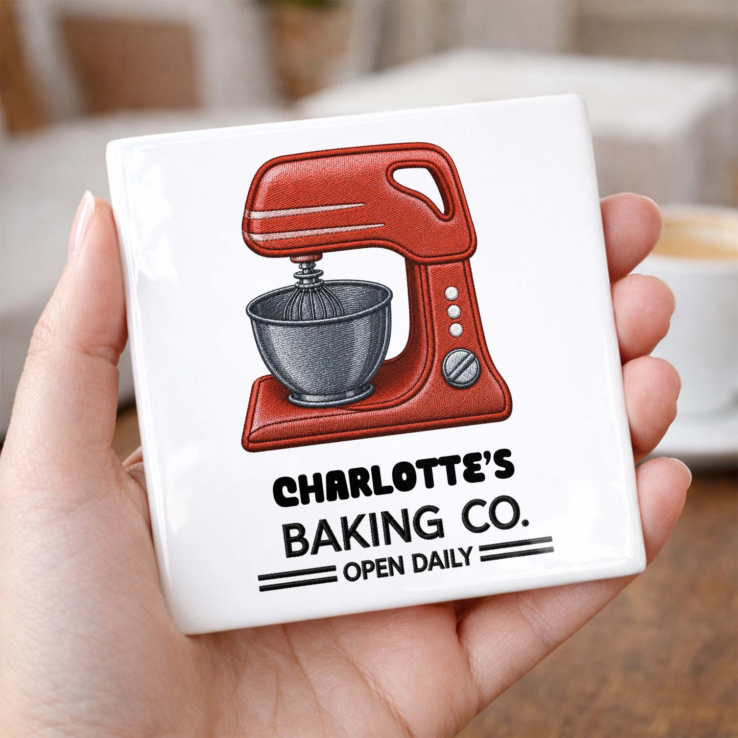 Baking Co Open Daily Custom Dough Mixer Embroidery - Personalized Custom Ceramic Coaster, Square Shape - BAKE043_SOCO